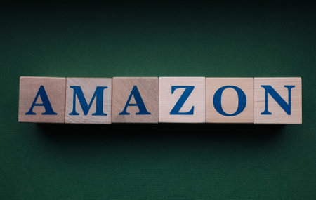 January 31, 2022. Seattle, Washington. The name of the Amazon company, laid out from wooden cubes.のeditorial素材