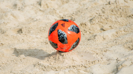 July 26, 2019, Moscow, Russia. Adidas Telstar beach soccer ball on the sand.のeditorial素材