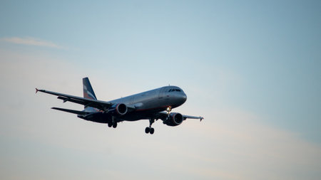 Foto de November 23, 2018, Moscow, Russia An Aeroflot aircraft is landing at Sheremetyevo airport. - Imagen libre de derechos