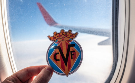 December 6, 2021. Villarreal, Spain. The emblem of the Villarreal CF football club on the background...