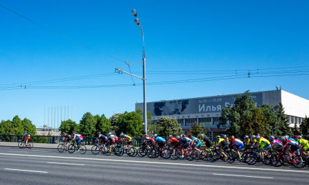 May 19, 2019 Moscow, Russia. Participants of the bicycle race at the Central House of the Artist on the Garden Ring in Moscow.のeditorial素材