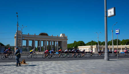 May 19, 2019 Moscow, Russia. Participants of the bicycle race at Gorky Park on the Garden Ring in...