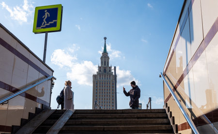 January 21, 2022, Moscow, Russia. Passers-by take pictures at the pedestrian crossing on Three...