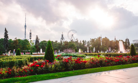 August 12, 2021 Moscow, Russia. A flowerbed with flowers on the main alley in the VDNKH park of the...