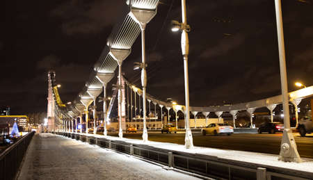 Illumination on the cables of the Crimean bridge in Moscow on a winter evening.の写真素材