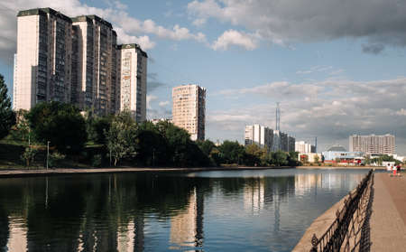 High-rise buildings near the Big Chertanovsky Pond in Moscowの写真素材