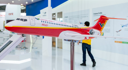 August 30, 2019, Moscow region, Russia. A mock-up of the Chinese regional passenger aircraft COMAC ARJ21 Xiangfeng.のeditorial素材
