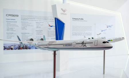 August 30, 2019, Moscow region, Russia. Layout of the Chinese future middle range single-aisle aircraft company Comacのeditorial素材