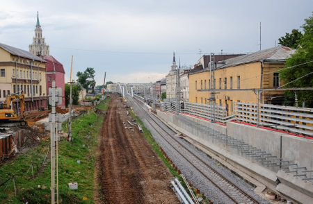 July 15, 2021, Moscow, Russia. Reconstruction of the railway section between Kurskaya and Kalanchevskaya stations in the Russian capital.のeditorial素材