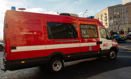 October 12, 2021, Moscow, Russia. Fire service car on one of the streets in the Russian capital.のeditorial素材