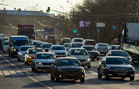 April 9, 2018, Moscow, Russia. Car traffic on one of the streets of the Russian capital on an autumn...