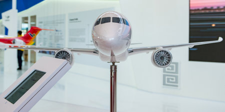 August 30, 2019, Moscow region, Russia. A mock-up of the Chinese narrow-body medium-haul passenger aircraft Comac C919.のeditorial素材