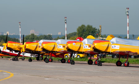 August 30, 2019, Moscow region, Russia. Sports and training aircraft Yak-52 and Yak-54 of the...