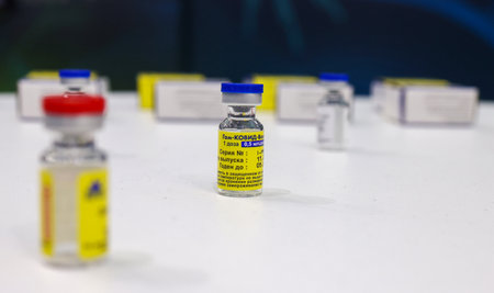 December 19, 2021, Sochi, Russia, Ampoule with a dose of vaccine against the coronavirus Sputnik V...