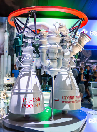 August 30, 2019, Moscow region, Russia. The layout of the Russian two-component liquid rocket engine of the closed cycle RD-180のeditorial素材