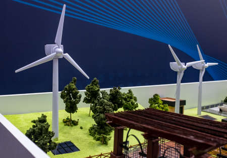 Windmills on the layout of a small wind farm.