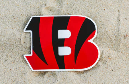 September 15, 2021, Moscow, Russia. The emblem of the Cincinnati Bengals football club on the sand of the beach.のeditorial素材