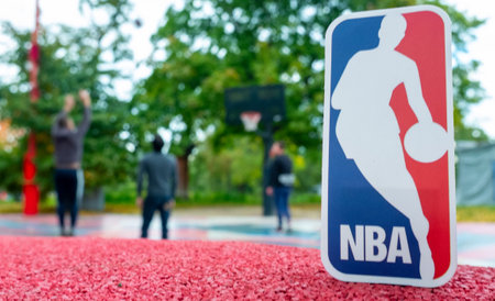 September 15, 2021, Springfield, USA, The emblem of the National Basketball Association on the playground.のeditorial素材
