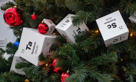 December 8, 2021, Sochi, Russia. Paper cubes with elements of the periodic table of Mendeleev on the Christmas tree.の写真素材