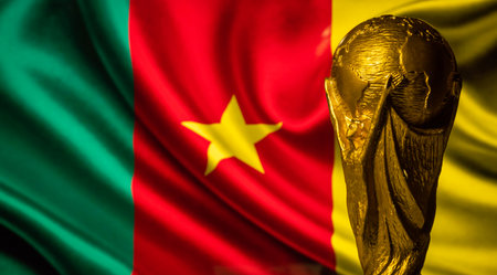 October 6, 2021, Yaounde, Cameroon. FIFA World Cup on the background of the flag of Cameroon.のeditorial素材