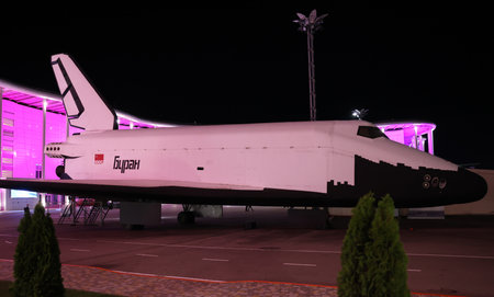 December 8, 2021, Sochi, Russia. A mock-up of the Soviet orbital rocket ship of the reusable space transport system Buran (spacecraft).のeditorial素材