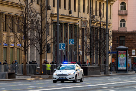 April 29, 2021 Moscow, Russia. Passenger car of the Military Automobile Inspection of the Armed Forces of the Russian Federation on Tverskaya Street in Moscow.のeditorial素材