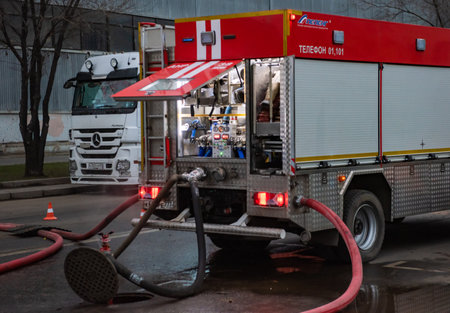 December 13, 2019, Moscow, Russia. A fire service vehicle at the scene of a fire in the industrial...