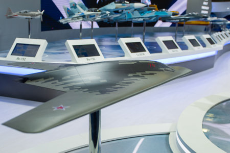 August 30, 2019, Moscow region, Russia. A mock-up of the Russian heavy attack UAV (unmanned bomber) Sukhoi S-70 Okhotnik-B.のeditorial素材