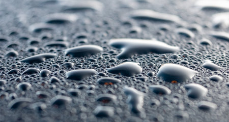 Dew drops on the black hood of a parked car. backgroundの写真素材