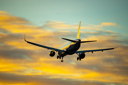 The silhouette of a passenger plane coming in for landing against the backdrop of the sunset sky.の写真素材