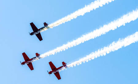 August 30, 2019, Moscow region, Russia. Yakovlev Yak-50 training aircraft of the Lithuanian aerobatic group ANBO perform aerobatics.のeditorial素材