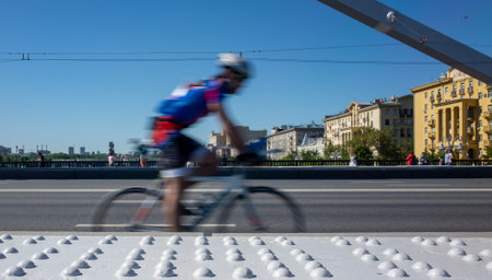 May 19, 2019 Moscow, Russia. Participants of the bicycle race on the Crimean Bridge on the Garden Ring in Moscow.のeditorial素材