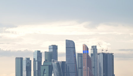 July 25, 2022, Moscow, Russia. Skyscrapers of the Moscow City office center against a cloudy sky.