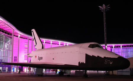 December 8, 2021, Sochi, Russia. A mock-up of the Soviet orbital rocket ship of the reusable space transport system Buran (spacecraft).のeditorial素材