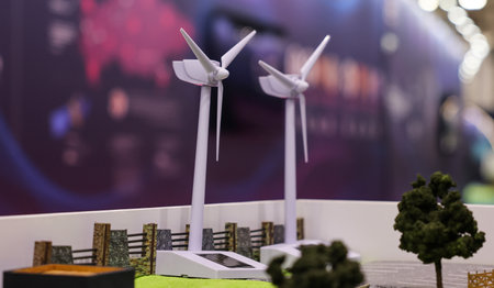 Windmills on the layout of a small wind farm.の写真素材