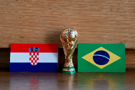 December 7, 2022, Doha, Qatar. Flags of the Fifa World Cup quarter-finals of the national teams of Brazil and Croatia.のeditorial素材