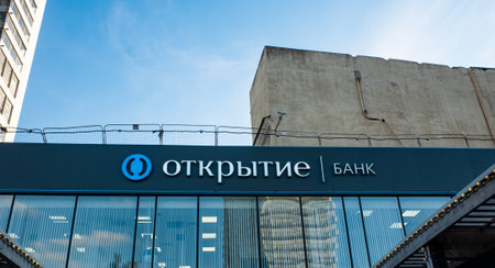October 6, 2021, Moscow, Russia. A sign at the office of Otkritie Bank on one of the streets in the Russian capital.のeditorial素材