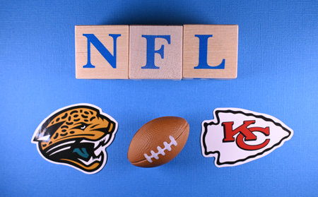 January 20, 2023, New York, USA. Emblems of football clubs participating in the NFL playoffs...