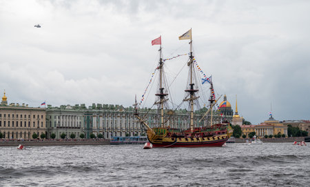 July 31, 2022 Petersburg, Russia. Sailing ship Poltava in the Neva water area during the Main Naval...