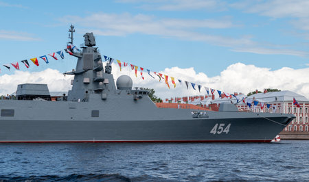 July 31, 2022 Petersburg, Russia. The Russian frigate Admiral Gorshkov in the waters of the Neva...