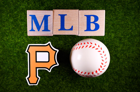 January 27, 2023, Cooperstown, USA. The emblem of the Pittsburgh Pirates baseball club on the green...