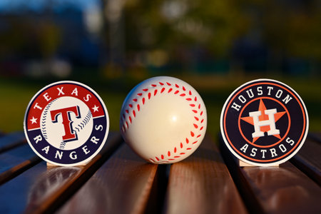 October 13, 2023, Baltimore, United States. The emblem of the baseball clubs participating in the 2023 playoffs between the Texas Rangers and the Houston Astrosのeditorial素材