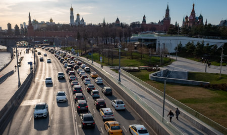 April 20, 2022, Moscow, Russia. Automobile traffic on Moskvoretskaya embankment near Zaryadye Park.のeditorial素材