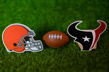 January 10, 2024, Las Vegas, USA, Emblems of football clubs participating in the National Football League playoffs Cleveland Browns and Houston Texans.のeditorial素材