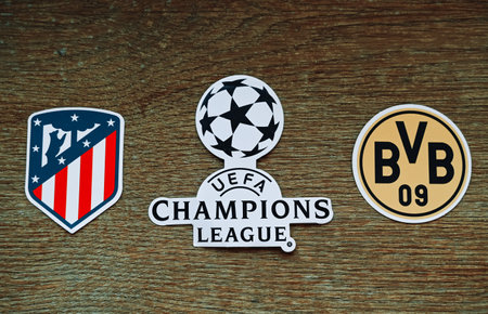 March 20, 2024, London, United Kingdom. The emblems of the football clubs participating in the Champions League playoffs Atletico Madrid and Borussia Dortmund.のeditorial素材