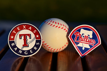 October 13, 2023, Baltimore, United States. The emblem of the baseball clubs participating in the 2023 playoffs between the Texas Rangers and the Philadelphia Philliesのeditorial素材