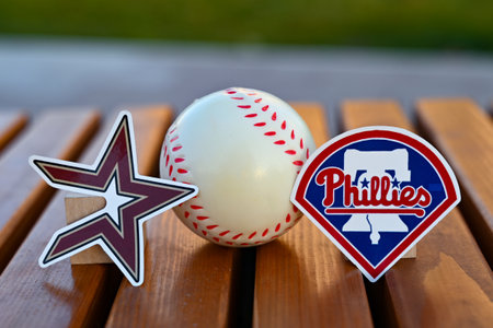 October 13, 2023, Baltimore, United States. The emblem of the baseball clubs participating in the 2023 playoffs between the Houston Astros and the Philadelphia Philliesのeditorial素材