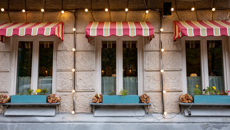 flowers on the window sills of three windows of a street cafe in the city center