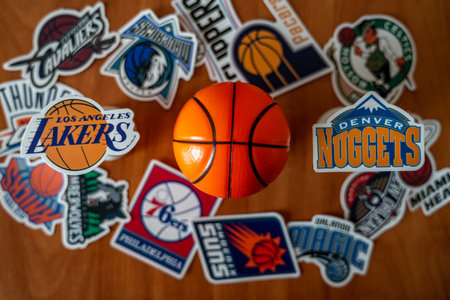 April 21, 2024, Springfield, United States. The emblems of the basketball clubs of the playoff...