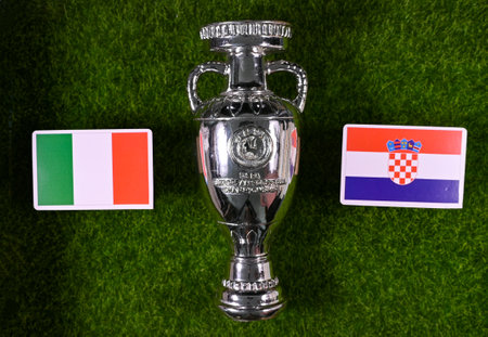 July 2, 2024, Berlin, Germany. Flags of the participating countries of Group B of the European Football Championship Croatia and Italy.のeditorial素材